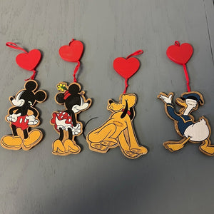 Disney Wooden Hanging Ornaments with Heart Mickey Minnie Pluto Donald Lot of 4