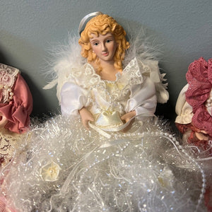 Porcelain Doll Bust Hanging Ornaments Set of 3 Blonde Hair Pink White Victorian