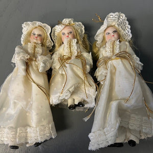 Porcelain Doll Hanging Ornaments White Dress Blonde Hair Set of 3