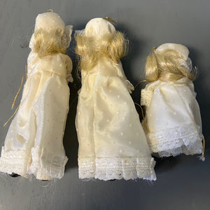 Porcelain Doll Hanging Ornaments White Dress Blonde Hair Set of 3