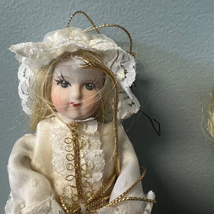 Porcelain Doll Hanging Ornaments White Dress Blonde Hair Set of 3