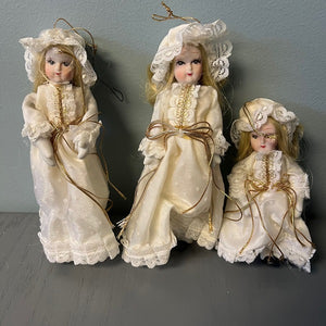 Porcelain Doll Hanging Ornaments White Dress Blonde Hair Set of 3