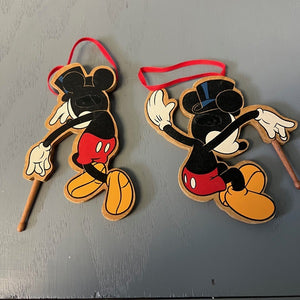 Vintage Disney Wooden Mickey Mouse Ornament Top Hat Wand Set of 2