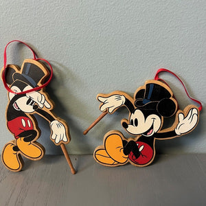 Vintage Disney Wooden Mickey Mouse Ornament Top Hat Wand Set of 2