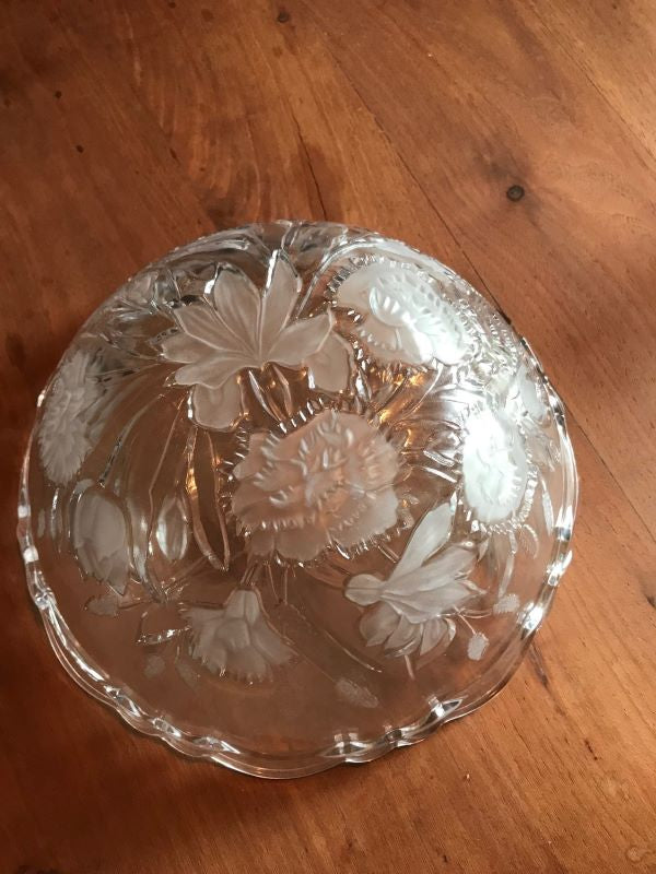 Vintage Clear Floral Etched Decorative Bowl with Lid