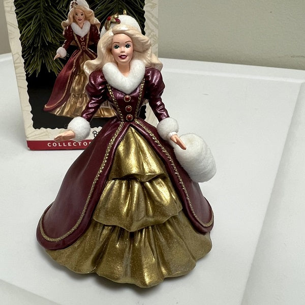 Hallmark Keepsake Ornament Holiday Barbie 1996 Burgundy Gold Chickenmash Farm